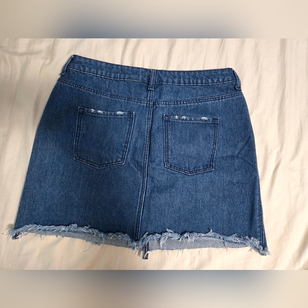 Divided Dark Blue Denim Mini Skirt with Raw Hem - Picture 2 of 2